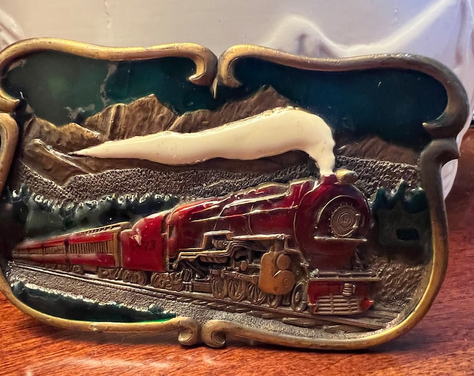 Pennsylvania Railroad PRR Steam Engine Locomotive Train Belt Buckle, Enamel Train by Bergamot Brass Works, U-149, Lover Antiques and Vintage