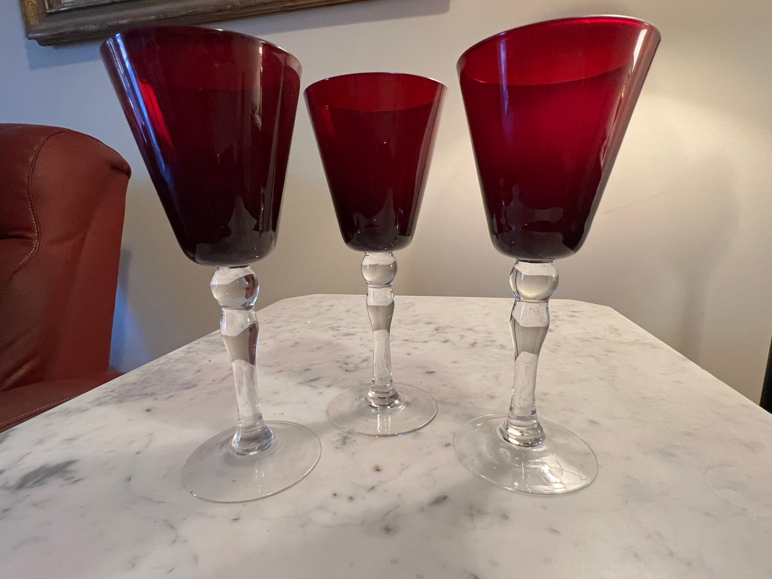 Ruby Red Wine Glasses Set of 3 Mid Century Modern Glass Art Etsy