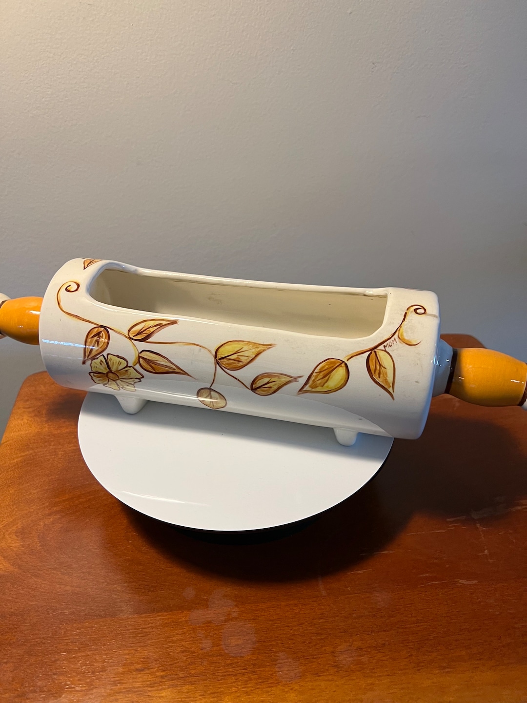 Vintage Ceramic Rolling Pin Planter Leaves and Flowers Mom Inscribed
