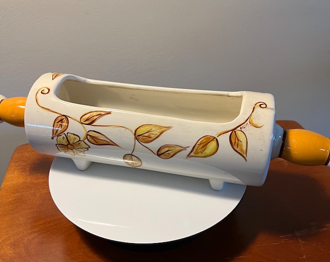 Vintage Ceramic Rolling Pin Planter Leaves and Flowers Mom Inscribed Sculpture Figurine Home Decor Lover Antiques and Vintage