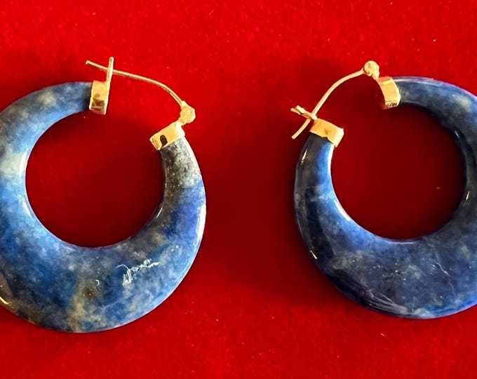 Vintage 14K Gold Lapis Hoop Earrings, Yellow Gold Jewelry