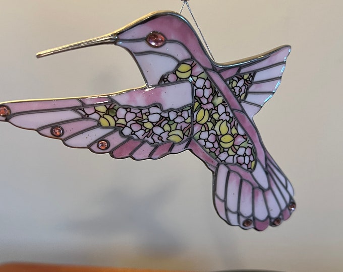 Vintage Hummingbird Stained Glass Art Sun Catcher pink bird