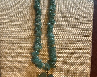Vintage Jade Necklace: Heart Clover Pendant, 20" Jadeite Jewelry