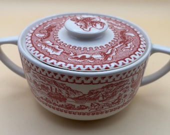 Vintage Red & White Sugar Bowl with Lid: Double Handle Dish