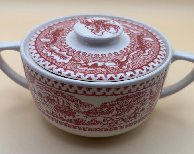Vintage Red & White Sugar Bowl with Lid Double Handle Sugar Dish Lover Antiques and Vintage