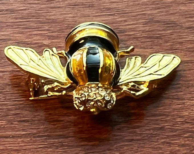 Vintage honey bee bees colorful gem brooch pin Art great gift jewelry black and gold tone