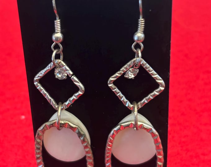 Vintage Pair of Silver Dangle Earrings with Diamond Shaped Top and Oval Bottom and Opal Style Stone