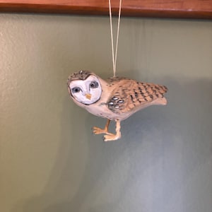 Hand Painted Owl Ornament, Hand Carved Barn Owl Decor, Gift Bird Sculpture