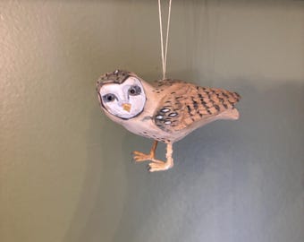 Hand Painted Owl Ornament, Hand Carved Barn Owl Decor, Gift Bird Sculpture