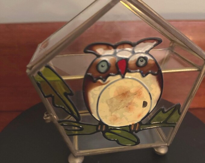 Vintage Owl Trinket Box, Brass & Glass Owl Box, Vintage Owl Trinket Box, Stained Glass Owl Trinket Box, Lover Antiques and Vintage