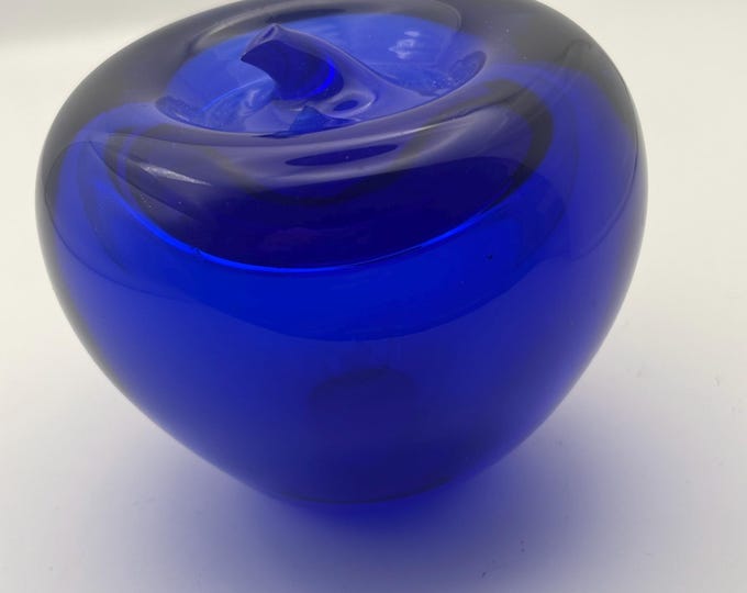 Blenko Cobalt Blue Glass Apple Paperweight 3.5 inch Vintage Decorative Desk Accessory