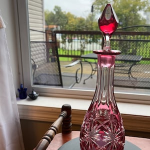 Vintage AJKA Bohemian Pink Cut Crystal Decanter with Stopper