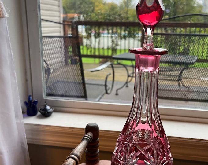 Vintage AJKA Clear to Cut Pink Crystal Cut Bohemian Decanter with Stopper Lead Crystal Brilliant Cut Glass Home Decoration Lover Antiques