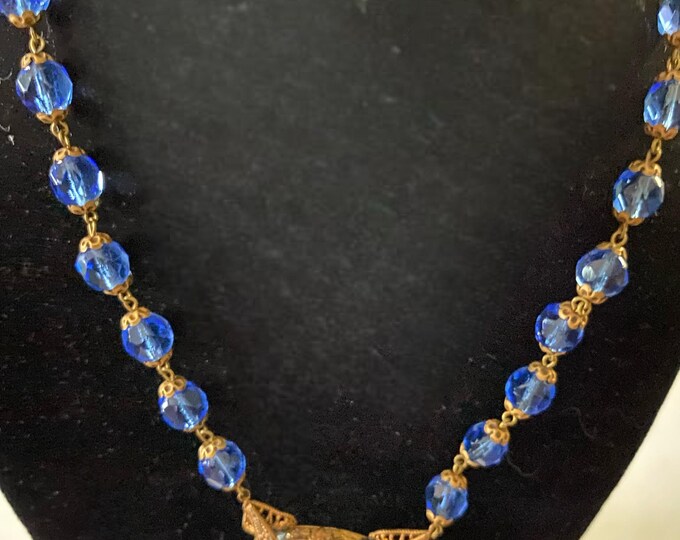 Vintage Brilliant Blue Glass Sapphire Necklace Czechoslovakian Blue Jewelry Lover Antiques and Vintage
