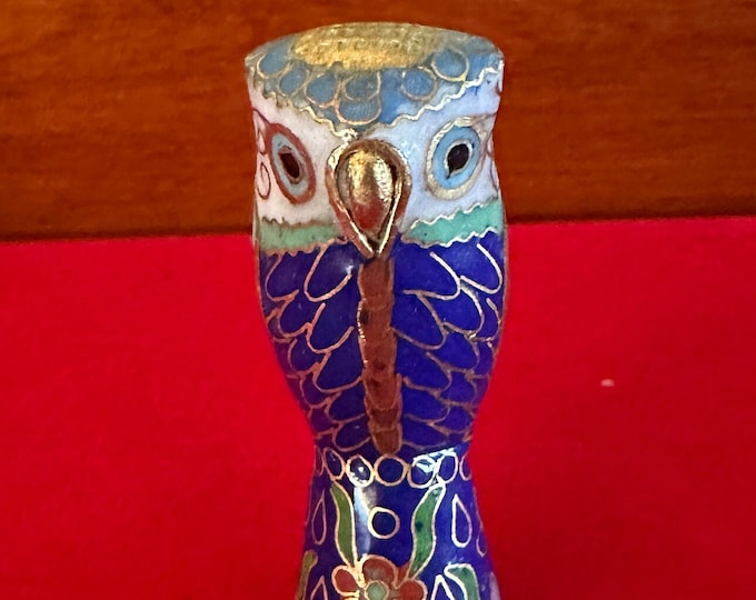 Vintage Cloisonné Enamel Owl Statue with Brass Base, Colorful Enameled Cobalt Blue Owl Figurine, Lover Antiques and Vintage