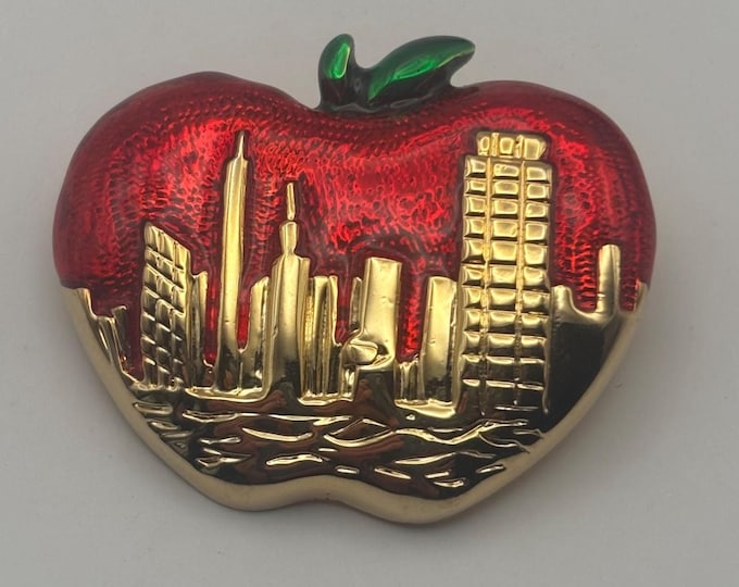 Vintage Apple with NYC Skyline Pin Brooch Lover Antiques and Vintage