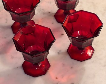 Ruby Red Dessert Goblets Octagon Paneled Red Glassware Set of 4 glasses Lover Antiques and Vintage