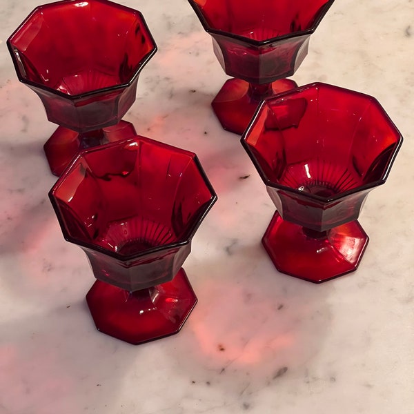 Ruby Red dessert goblets octagon paneled red glassware vintage set of 4 glasses, Lover Antiques and Vintage