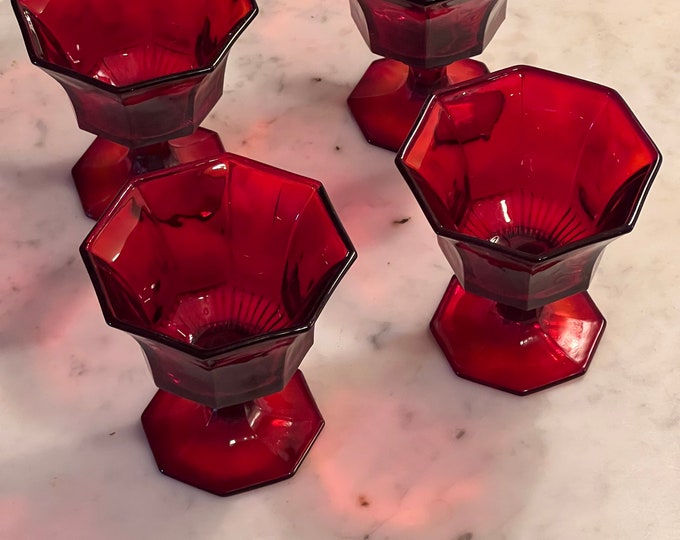 Ruby Red Dessert Goblets Octagon Paneled Red Glassware Set of 4 glasses Lover Antiques and Vintage
