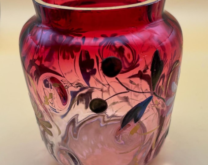 Antique Red Pink White Hombre Hummingbird Vase Hand Painted with Gold Gilding Glass Stevens and Williams Style Lover Antiques and Vintage