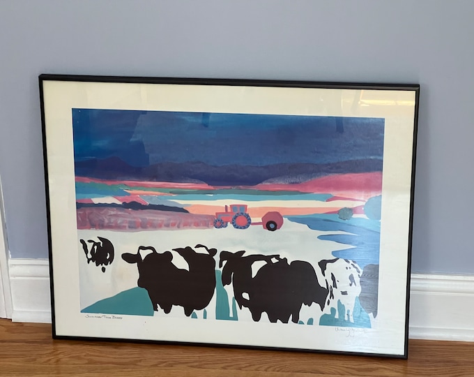 Vintage Woody Jackson 1990 Summer Time Blues Signed & Framed Cow Print Abstract Ben and Jerry artwork art Lover Antiques and Vintage