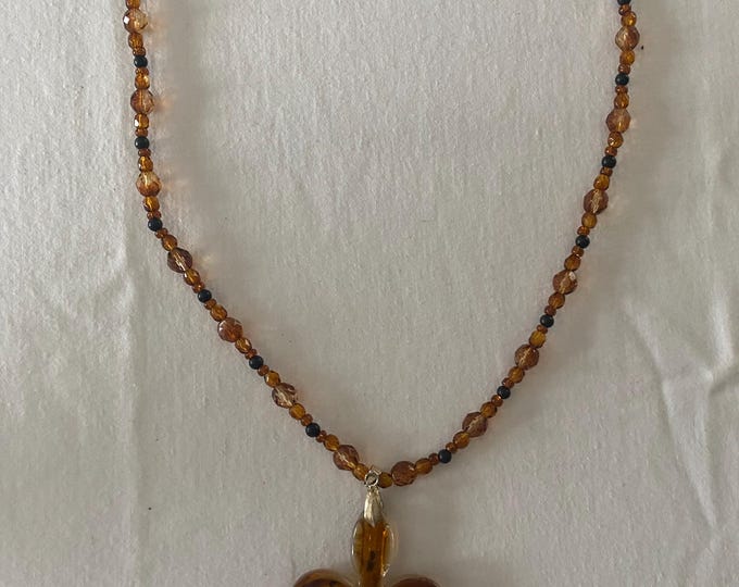 Vintage Amber & Black Beaded with Fleur de Lis Pendant Necklace Unique Gift Opportunity Lover Antiques and Vintage