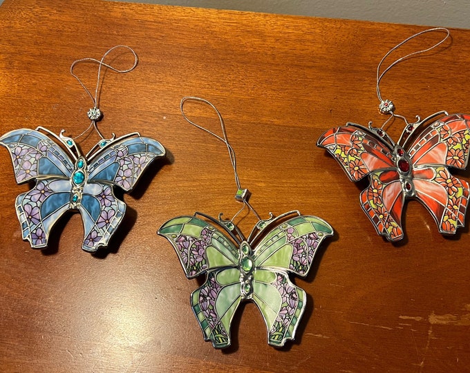 Vintage Bradford Editions Butterflies Silken Wings Porcelain Lot of 3 stained glass butterfly Christmas ornaments gift Set #3 Lover Antiques
