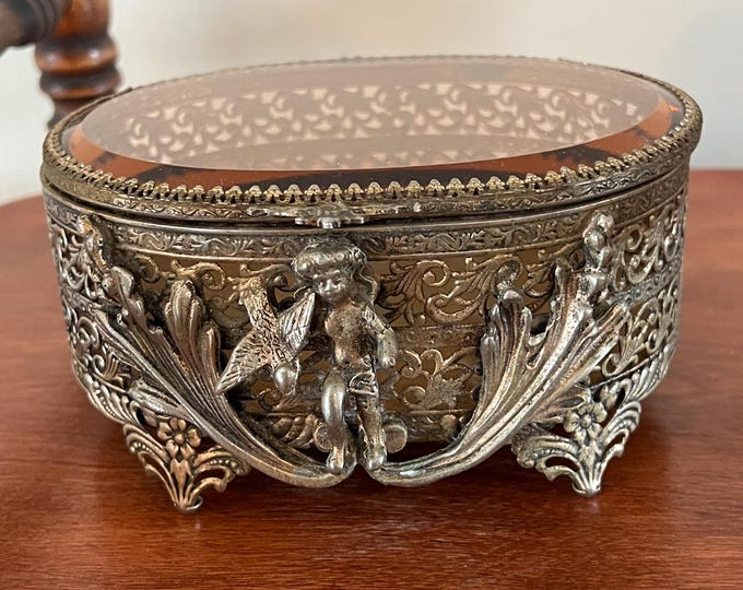 Stylebuilt Angel Trinket Box Gold Filigree Beveled Glass Hollywood Regency Ormolu Casket Footed Jewelry Box Lover Antiques and Vintage
