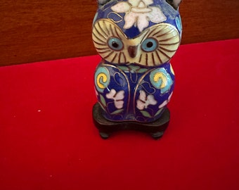 Vintage Cloisonné Enamel Owl Figurine on Stool: Cobalt Blue Brass Statue