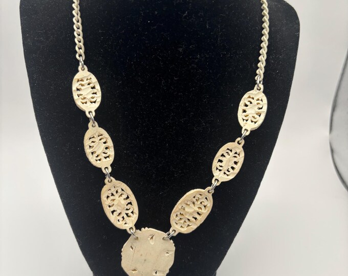 Vintage Carved Celluloid and Rhinestone Floral Pendant Necklace, Lover Antiques and Vintage