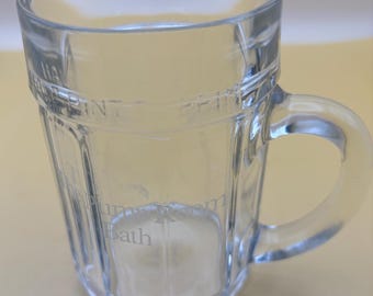 Vintage Glass Beer Mug: Pump Room Bath Embossed Cup