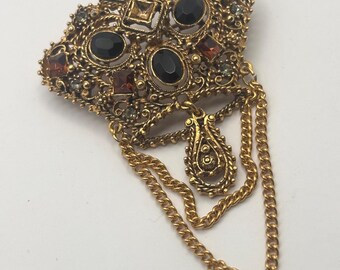 Signed Lisner Topaz Crown Chatelaine Brooch, Unique Crown Pin