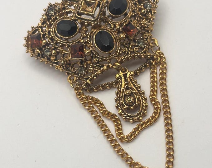 Signed Lisner Topaz Crown Chatelaine Brooch, Unique Crown Pin