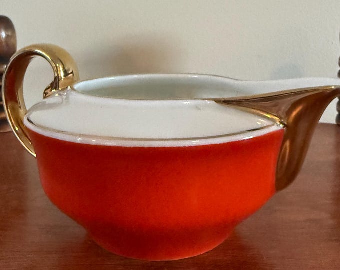 Vintage Elegant Porcelain Orange and 22K Gold Trimmed Creamer Cup Made in Portugal Lover Antiques and Vintage