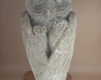 Vintage Stone Clay Family of Owl Statue, by David Fisher 1983, Barn Owl with Babies, Gift for Her
