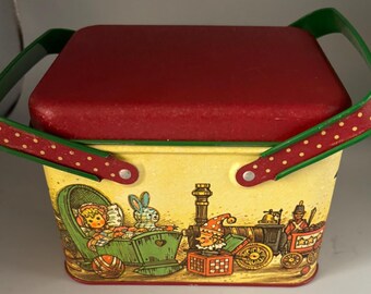 Vintage Tin Box with Double Handle and Lid Potpourri Press Christmas Tin Toys Horse Lover Antiques and Vintage