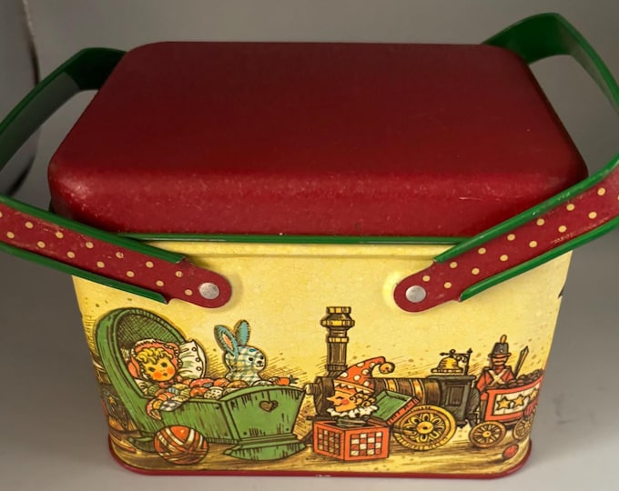 Vintage Tin Box with Double Handle and Lid Potpourri Press Christmas Tin Toys Horse Lover Antiques and Vintage