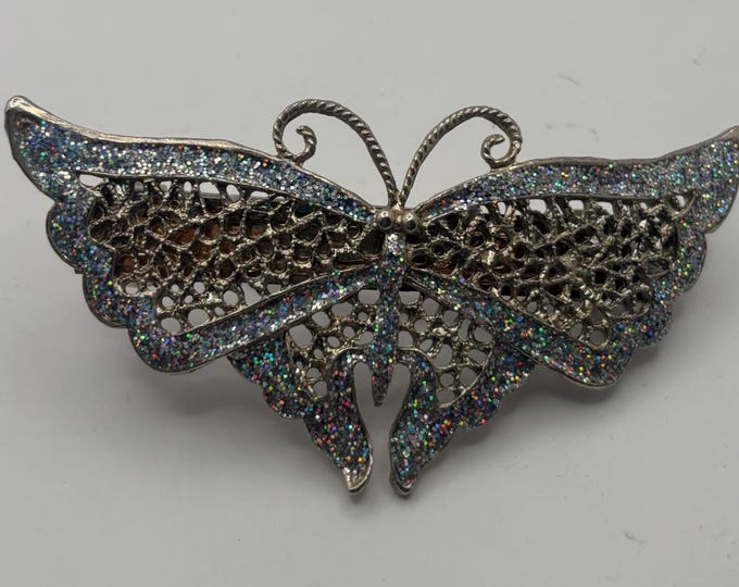 Elegant Butterfly Hair Clip, Butterfly Barrette Circa 1940's, French Silver Glass Stones