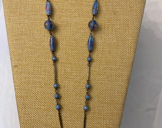 Vintage Blue Hand Painted Long Necklace Art Jewelry Unique Gifts Lover Antiques and Vintage