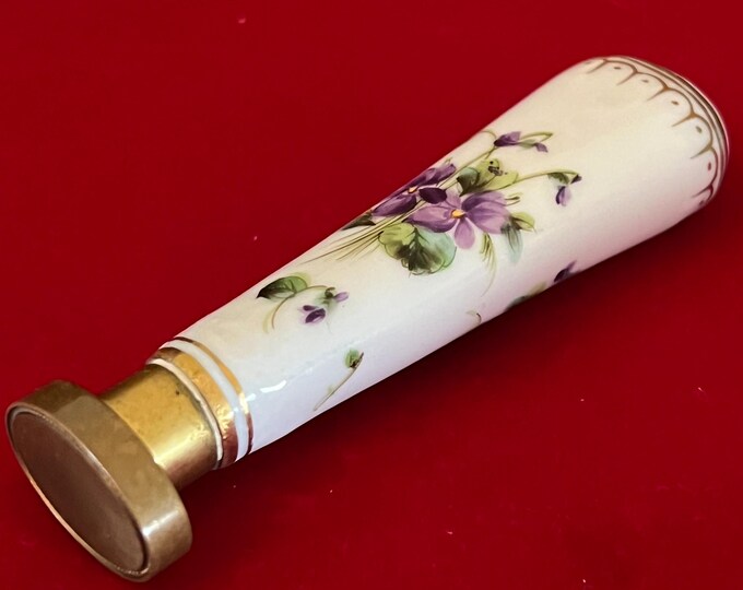 Vintage Hand Painted Purple Flowers Porcelain and Brass Hand Stamp Flowers Stamper Design Lover Antiques and Vintage