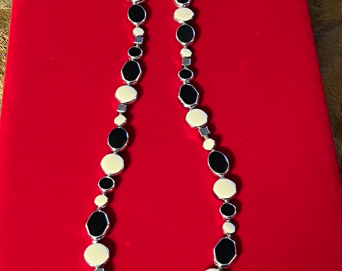 Vintage Cream and Black Long Silver Tone Necklace, Long Necklace, Cream Jewelry, Lover Antiques and Vintage