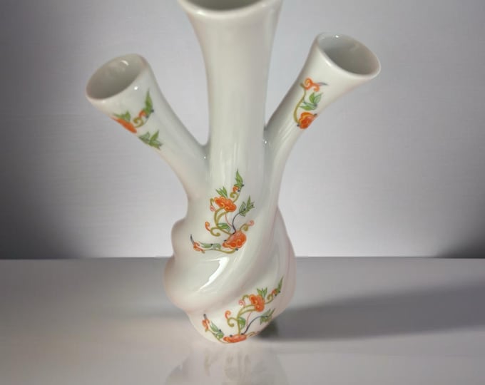 Vintage Limoges of France Three Finger Vase Hand Painted Triple Bud Vase Red Flowers Lover Antiques and Vintage