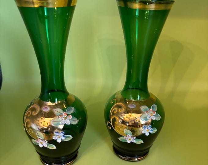 Vintage Pair of Giftcraft Emerald Green Vases with Flowers and Gold Gilding Lover Antiques and Vintage