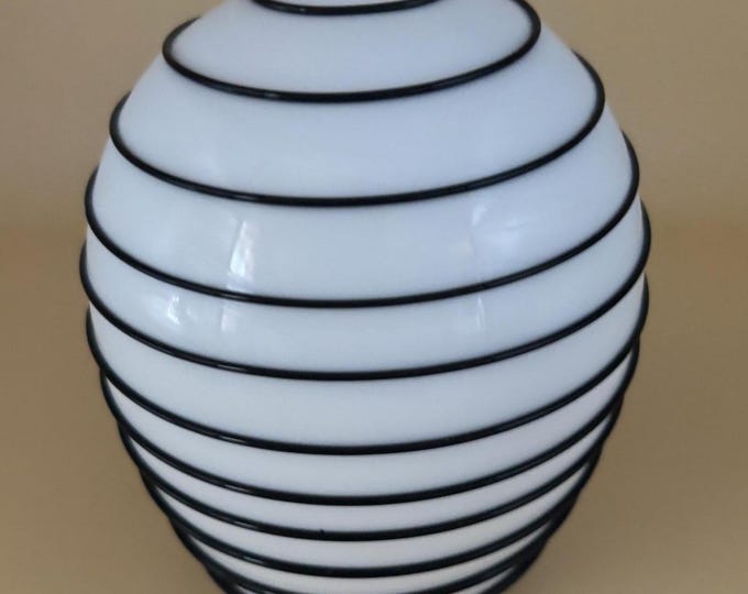 Vintage White Cased Glass with Black Applied Swirl Egg Shaped Paperweight Encased Glass Art Lover Antiques and Vintage