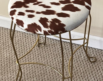 Mid Century Modern Cowhide and Brass Chair Stool Modern Ottoman with Cowhide Steerhorn Photographer’s Seat Lover Antiques and Vintage