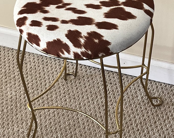 Mid Century Modern Cowhide and Brass Chair Stool Modern Ottoman with Cowhide Steerhorn Photographer’s Seat Lover Antiques and Vintage