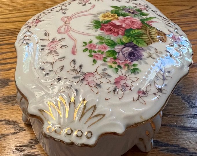 Vintage Bristol Gardens L & M Roses in Basket Footed Trinket Box Hand Painted Lover Antiques and Vintage
