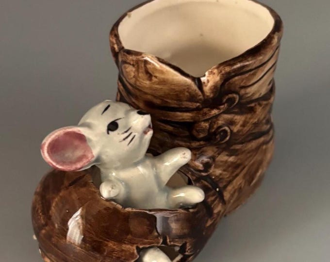 Ceramic Toothpick Holder Brown Boot with Mouse Lover Antiques and Vintage