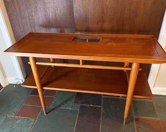 Lane Copenhagen Mid Century Modern Walnut Console Table, Tapered Legs with Brass Tips & a Cut Out, Lover Antiques and Vintage