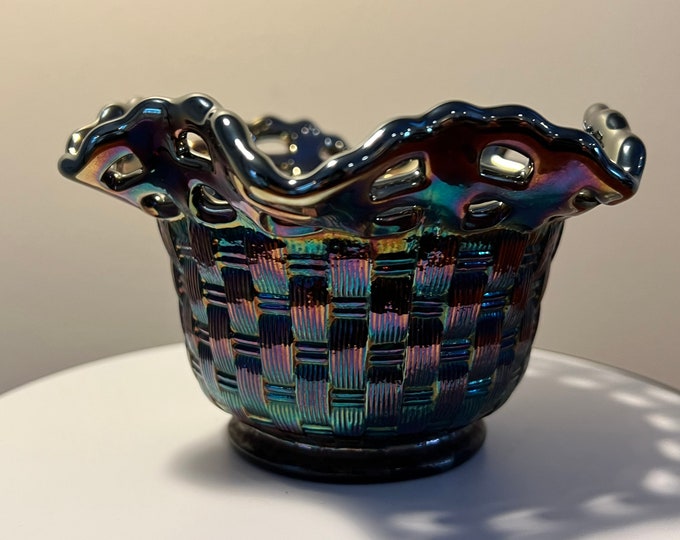 Vintage Fenton Iridescent Carnival Glass Wicker Woven Basket Bowl